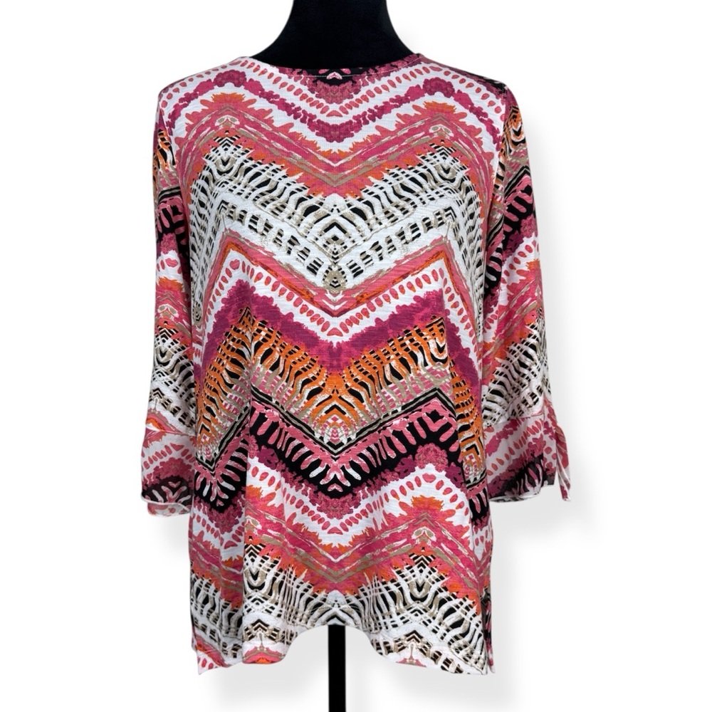 Multiples‎ Top Womens S Small Pink White 3/4 Sleeve with Tie Cuff Stretch